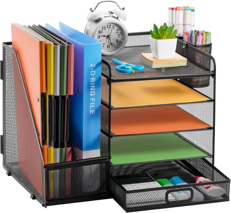 SURFOU Schreibtischaufsatz Schreibtisch Organizer mit Aktenhalter 5Tier Briefablage Ablagefächer, (mit Schublade 2 Stifthalter, Netz Schreibtisch Ablage), für Büro Bedarf Dokumentenablage von SURFOU