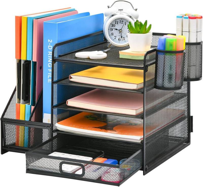 SURFOU Schreibtischaufsatz Schreibtisch Organizer mit Aktenhalter 5Tier Briefablage Ablagefächer, (mit Schublade 2 Stifthalter, Netz Schreibtisch Ablage, Zeitschriftenhalter), für Büro Bedarf Dokumentenablage von SURFOU