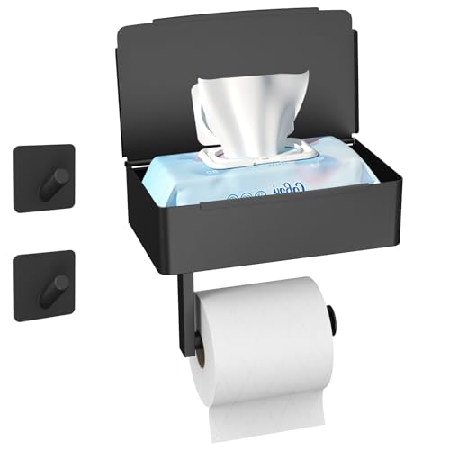 SURFOU Toilettenpapierhalter Ohne Bohren,klopapierhalter Schwarz,3-IN-1 Multifunktion,Selbstklebend,Mit Feuchttücherbox,Wc Papier Halterung,Edelstahl,Geeignet für Toilette/Badezimmer von SURFOU
