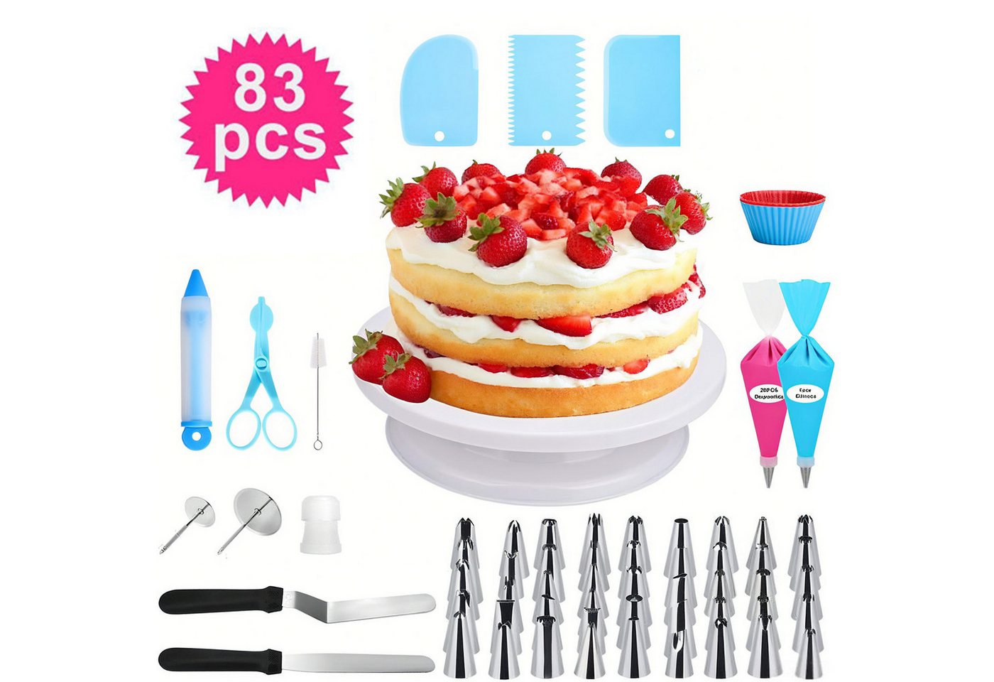 SURFOU Tortenplatte 83-teiliges Drehbarer Tortenständer Kuchen Backzubehör, (Tortenspachtel Glätter, Spritzbeuteln Spritzspitzen, Tortenzubehörset), Dekorations Kits, Cake Decorating Turntable mit Kuchenschabern von SURFOU