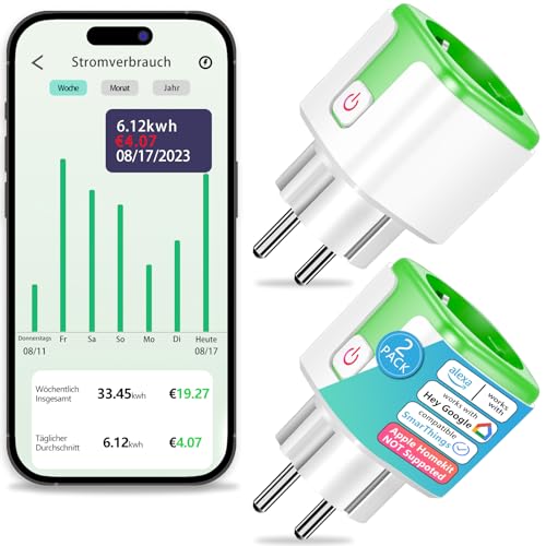 WLAN Steckdose mit Stromverbrauchsmesser, Vesync App Fernsteuerung, Smart Plug Kompatibel mit Alexa und Google Home, Strommessung, Energiekostenmessgerät Smart Steckdose 16A 3680W (2 Stück) von SURFOU