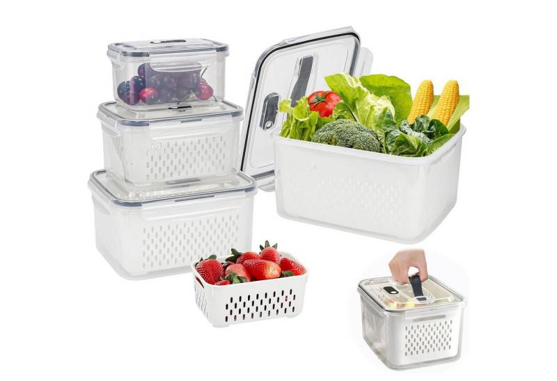 SURFOU Frischhaltedose Kühlschrank Organizer - 8-tlg. Frischhaltedosen Set mit Abtropfgitter, PP, (BPA-freie, Frischhaltedosen, Kartoffel Aufbewahrungsbox, Gemüsebox, Kühlschrank Boxen, Korbeinsatz, Vorratsdosen Set mit Abtropfgitter – abnehmbar & separat nutzbar, Deckel mit Luftablassventil & Griff, 4-tlg., Spülmaschinengeeignet, Kratzfeste Dicke PP-Material, BPA-Frei), (4,15L+3,15L+1,7L+0,8L) für Obst Gemüse Aufbewahrung und Reinigung von SURFOU