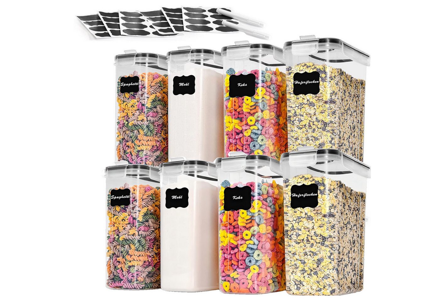 SURFOU Vorratsdose Vorratsdosen mit Deckel Luftdicht Küchen Organizer Frischhaltedosen 4L, (8er Set Spaghetti-Box, Müsli-Behälter, Getreidebehälter, Mehlbehälter, Zuckerdose, Keksdose, Vorratsdosen mit Deckel, luftdicht, BPA-frei, lebensmittelechtes Material, stapelbar & mit Etiketten + Stifte, 8-tlg., Aufbewahrungsbox Küche für Müsli, Cornflakes, Mehl & Zucker), Großes Fassungsvermögen, Platzsparend stapelbar, Auslaufsicher von SURFOU