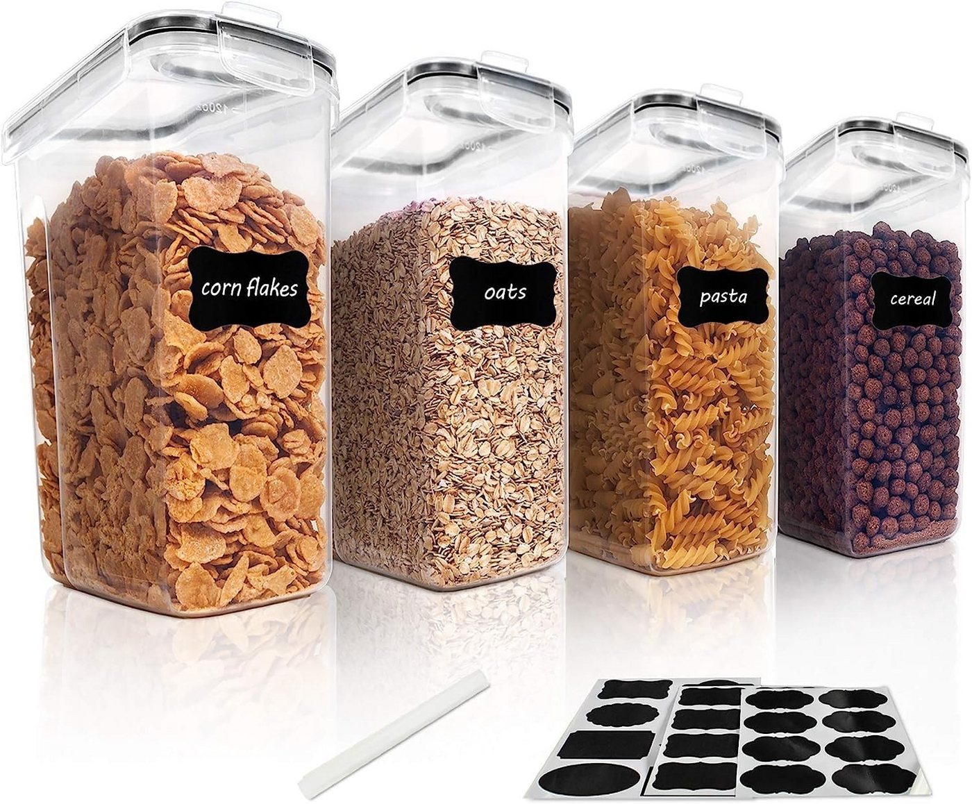 SURFOU Vorratsdose Vorratsdosen mit Deckel Luftdicht Küchen Organizer Frischhaltedosen 4L, Kunststoff, (4L Vorratsdosen Set (4 Stück) – Vorratsdosen mit Deckel luftdicht, BPA-frei, Lebensmittelechtes Material, stapelbar & mit Etiketten + Stift, 4-tlg., Aufbewahrungsbox Küche für Müsli, Cornflakes, Mehl & Zucker), Großes Fassungsvermögen, Platzsparend stapelbar von SURFOU