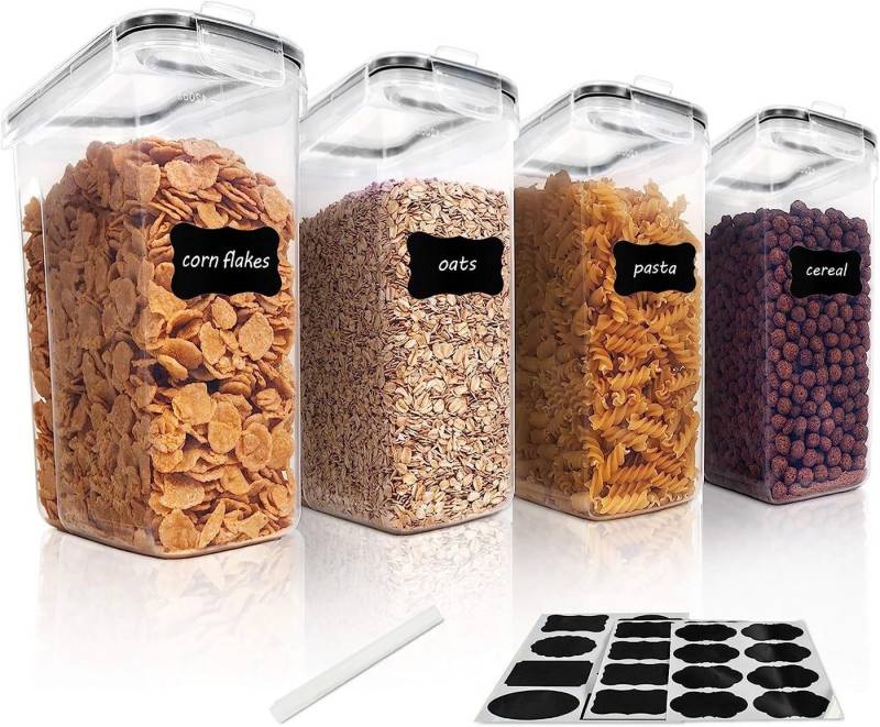 SURFOU Vorratsdose Vorratsdosen mit Deckel Luftdicht Küchen Organizer Frischhaltedosen 4L, Kunststoff, (4L Vorratsdosen Set (4 Stück) – Vorratsdosen mit Deckel luftdicht, BPA-frei, Lebensmittelechtes Material, stapelbar & mit Etiketten + Stift, 4-tlg., Aufbewahrungsbox Küche für Müsli, Cornflakes, Mehl & Zucker), Großes Fassungsvermögen, Platzsparend stapelbar von SURFOU