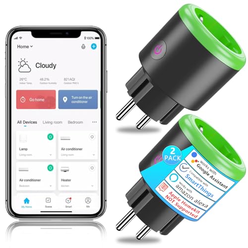 SURFOU Smart Steckdose 2er-Pack, Wlan Alexa Plug 16A, App Fernbedienung, Sprachsteuerung, Funktioniert mit Alexa, Google Home und SmartThings, Zeitplan, Stromverbrauch Messen, Nur 2,4GHz WiFi von SURFOU