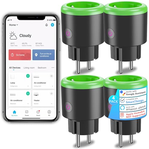 SURFOU Wifi Steckdose 16A, Alexa Smart Plug, Funktioniert mit Alexa, Google Home und SmartThings, App Fernbedienung, Sprachsteuerung, Zeitplan, Stromverbrauch Messen, Nur 2,4GHz WiFi, 4er Pack von SURFOU