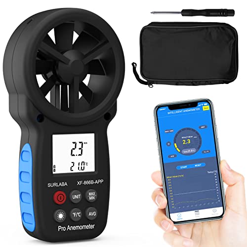 Digital Bluetooth Anemometer, Handheld Windmesser APP-Verbindung, Windmessgerät Messbereich 0.3-30m/s, Wind Speed Gauge mit Windtemperaturmessungen für Windsurfen Schießen Segeln Surfen Drohne (Blau) von SURLABA