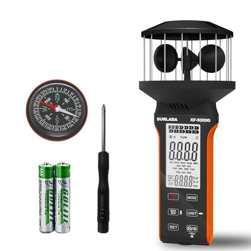 SURLABA Digital Cup Windmesser, Air Flow CFM Anemometer XF-5000G Misst MAX/MIN Luftgeschwindigkeit (0.3-30m/s), Windstrom & Temperatur, Windmessgerät Wind Meter für HVAC, Drohnen, Segeln, Garten von SURLABA