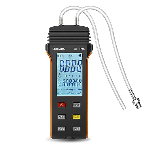 SURLABA Digitales Manometer, Differenzdruckmessgerät Messbereich 6PSI, Gasdruckmessgerät mit 11 Einheiten, Differential Pressure Gauge für Differenzdruck von 1-2 Rohren, Lüftung, HVAC von SURLABA