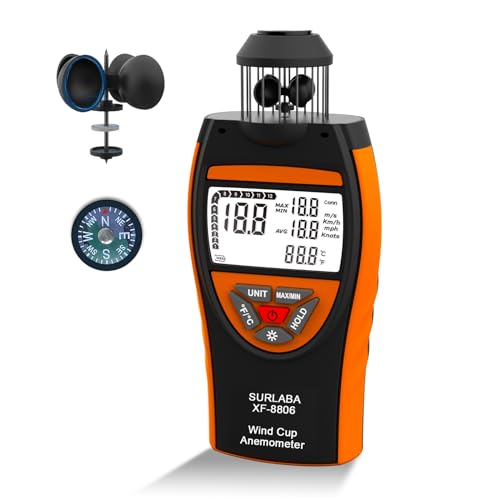 SURLABA Digital Cup Windmesser, Anemometer XF-8806 ±4% Hoher Genauigkeit Wind Gauge Misst MAX/MIN/AVG Windgeschwindigkeit & Temperatur (℃/℉), Wind Meter mit Kompass für Schießen, Segeln, Drohne von SURLABA