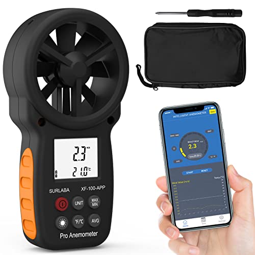 SURLABA Digital Bluetooth Anemometer, Handheld Windmesser APP-Verbindung, Windmessgerät Messbereich 0.3-30m/s, Wind Speed Gauge mit Windtemperaturmessungen für Windsurfen Schießen Segeln Surfen Drohne von SURLABA