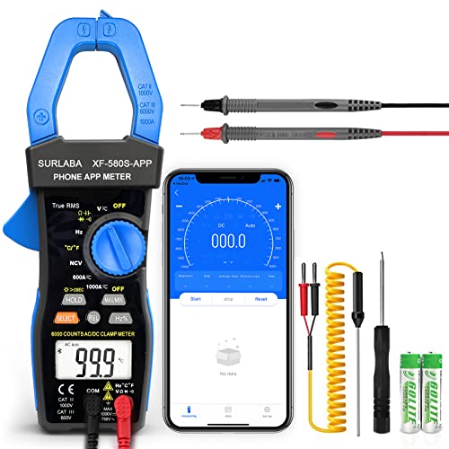 SURLABA Bluetooth Strommesszange, AC DC Clamp Meter 6000Count TRMS, NCV Voltmeter Amperemeter Ohmmeter APP Support, Auto Range Multimeter mit Widerstand Kontinuität Kapazität Temperatur Diode Hz von SURLABA