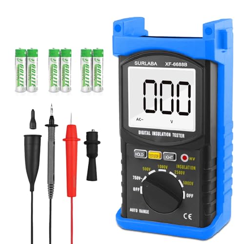 SURLABA Isolationsmesser Isolationswiderstandstester, Digital Megohmmeter XF-6688B Hochspannung 500/1000/2500/5000V, 1MΩ~200GΩ Widerstandsprüfung, 750V AC Isolationsmessgerät für Elektrische Geräte von SURLABA