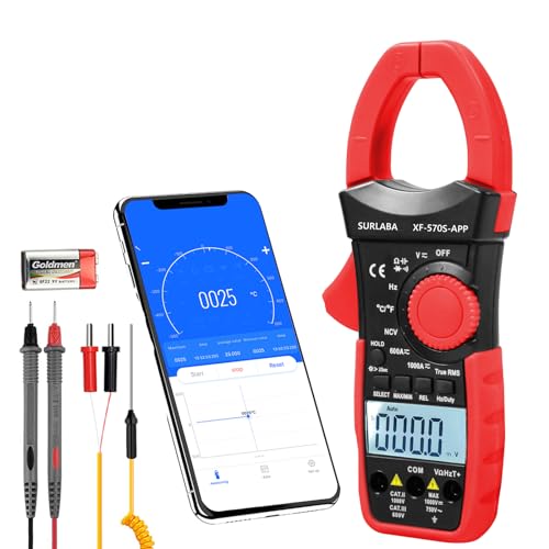SURLABA Bluetooth Clamp Meter, XF-570S-APP AC DC Strommesszange TRMS, 6000Count Voltmeter Stromtester APP Supported, Volt Amp Meter mit Widerstand Kontinuität Kapazität Temperatur Diode Frequenz von SURLABA