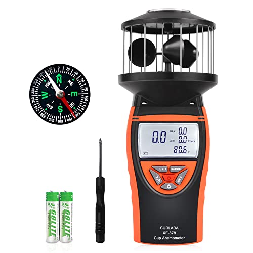 SURLABA Digital Wind Cup Anemometer, Handheld Windmesser XF-878 Wind Gauge Misst MAX/MIN/AVG Windgeschwindigkeit & Temperatur, Wind Meter mit Kompass für Schießen, Segeln, Surfen, Drohne von SURLABA