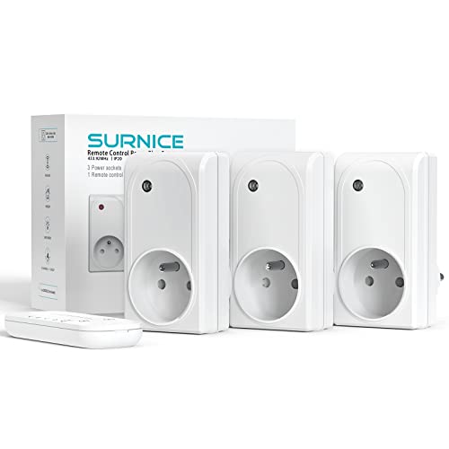 SURNICE Programmierbare Steckdose, kabellose Fernbedienung, 3 Steckdosen und 1 Fernbedienung, Reichweite 40 m, All on All Off-Funktion, 230 V, zwei CR2032-Batterien gratis von SURNICE