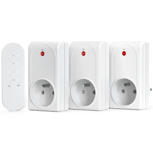 SURNICE Programmierbare Steckdose, kabellose Fernbedienung, 3 Steckdosen und 1 Fernbedienung, Reichweite 40 m, All on All Off-Funktion, 230 V, zwei CR2032-Batterien gratis von SURNICE