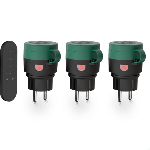SURNICE funksteckdosen mit fernbedienung Aussen, IP44 Wasserdicht Funksteckdosen Set 1+3, für den Außenbereich, 80M Reichweite, 2300 Watt, Plug & Play Funkschalt Set (3steckdosen+1fern bedienung) von SURNICE