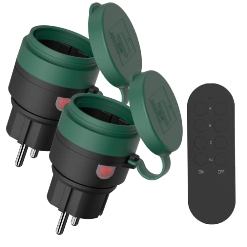 SURNICE Funksteckdosen mit fernbedienung Aussen, IP44 Wasserdicht Steckdosen Set 1+2, 2300 Watt, für den Außenbereich, 80M Reichweite, Plug & Play Funkschalt Set (2funksteckdose+1fern bedienung) von SURNICE
