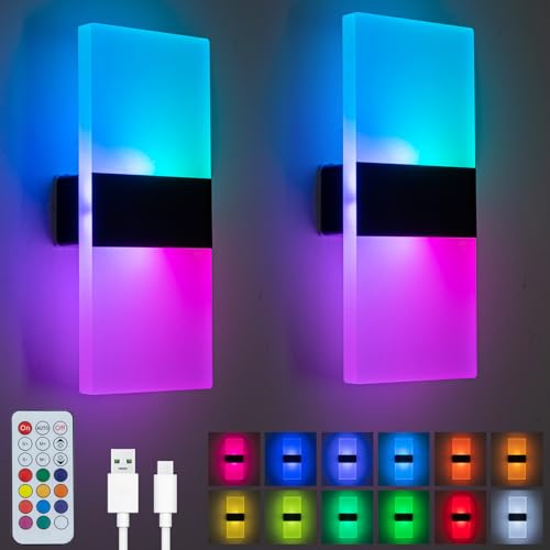 SURPALIG 2St RGB Wandlampe 12 Farben LED Beleuchtung für Zimmer Deko, 3600mAh Fernbedienung Wandlampe mit Schalter, Akku Wandleuchte Ohne Stromanschluss, RGB Wandleuchte Coole Sachen für Jungs von SURPALIG