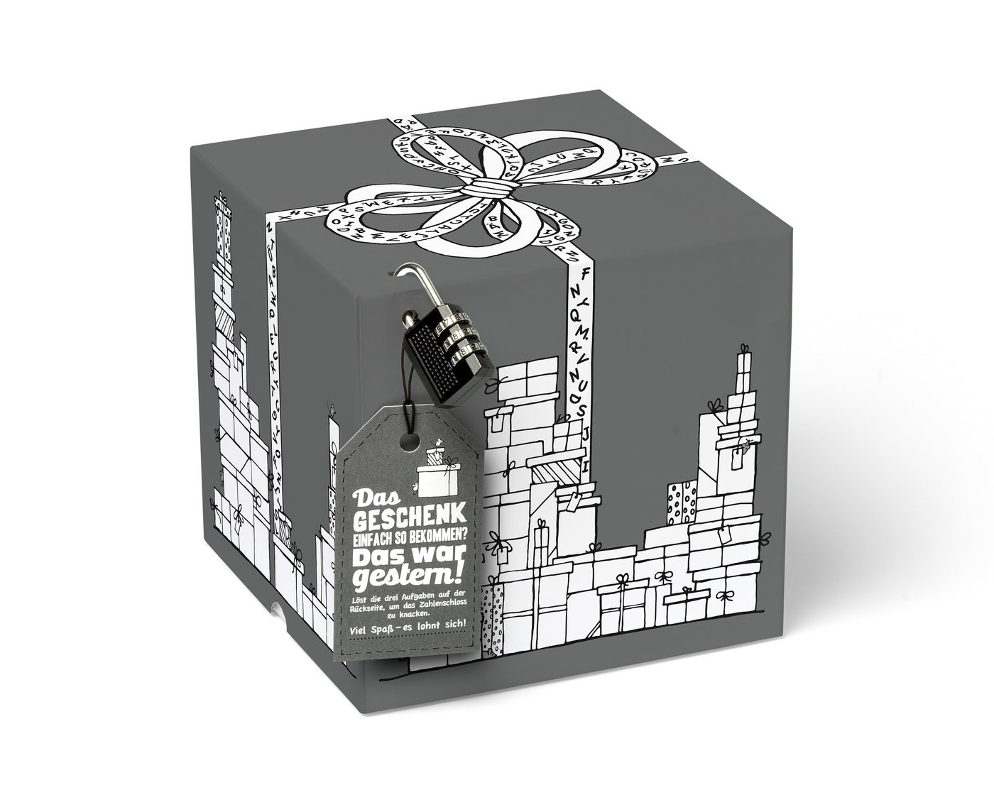 SURPRISA Geschenkbox Rätselbox, persönliche Geschenkverpackung + Rätselspiel - für Freundin, Freund, zur Hochzeit oder zum Geburtstag - grau von SURPRISA