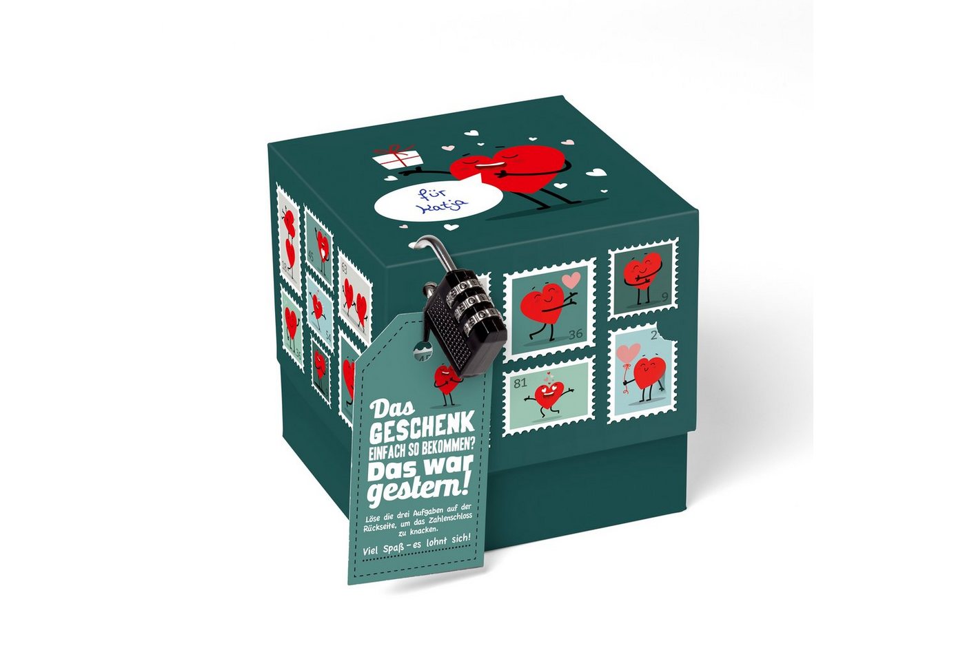 SURPRISA Geschenkbox Rätselbox persönliche Geschenkverpackung + Rätselspiel, für Geschenke zum Valentinstag, Jahrestag, Briefmarkenrätsel - petrol von SURPRISA