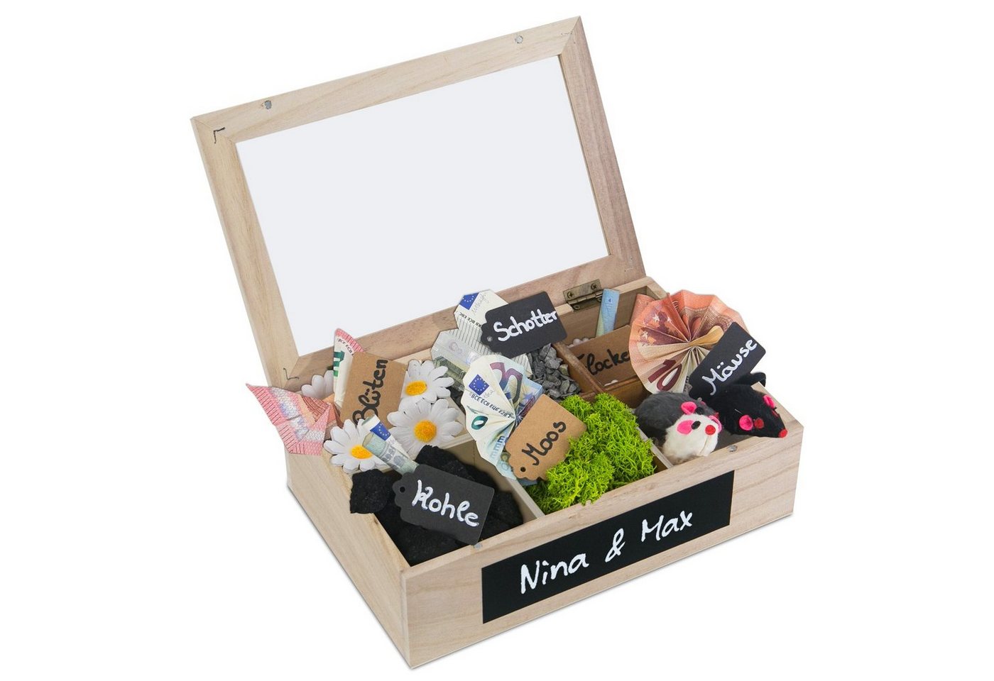 SURPRISA Geschenkbox Schotter-Schatulle Geldgeschenk, aus Paulownienholz, 6 Fächer, Geschenk zur Hochzeit, Geburtstag usw. von SURPRISA