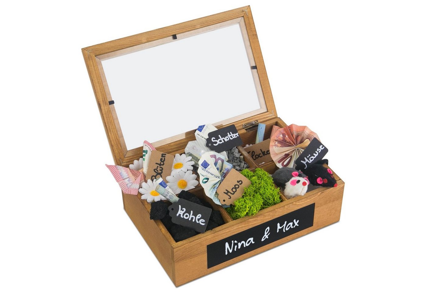 SURPRISA Geschenkbox Schotter-Schatulle Geldgeschenk, aus Pinienholz, 6 Fächer, Geschenk zur Hochzeit, Geburtstag usw. von SURPRISA