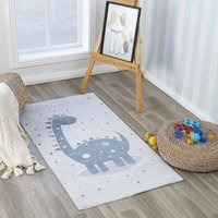 Teppich für Kinder Waschbar Kinderzimmer Spielteppich Dino Design Pastell Creme Blau Weiß 80 x 150 cm - Surya von SURYA