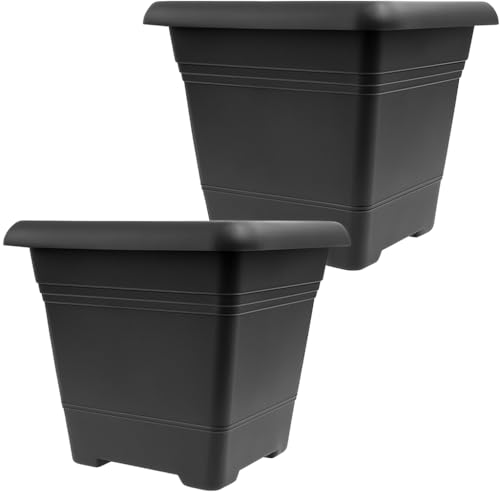 SUSTANIA 2er Set Pflanzkübel Groß Aussen 28x28cm, Garantiert kippsicher mit Drainagesystem - Extrem belastbare Pflanzkübel - Stabile Blumentopf Anthrazit von SUSTANIA