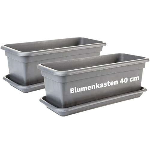 SUSTANIA 2friends Balkon Blumenkasten Set 40cm, 2er-Pack, mit Untersetzer, Kunststoff, EU-Fertigung, Anthrazit von SUSTANIA