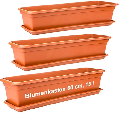 SUSTANIA 2friends Blumenkasten Set 80cm, Terracotta – 3er-Set Balkonkästen mit Untersetzer, Hochwertiger Kunststoff, EU von SUSTANIA