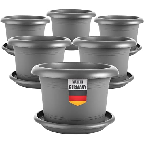 SUSTANIA 6er Set Pflanzkübel für Außen 30cm Durchmesser - Groß Anthrazit Tomatentöpfe Blumentöpfe mit Untersetzer aus Kunststoff, Wetterfest, für Garten, Balkon, Terasse von SUSTANIA