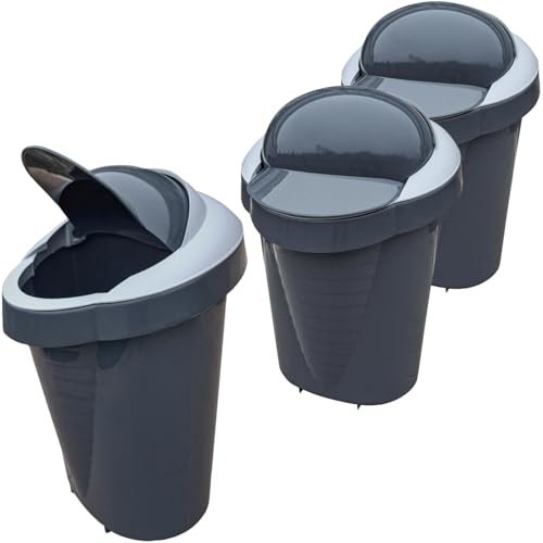 SUSTANIA Abfalleimer 15 Liter 3er Set - Mülleimer mit Schiebedeckel, Made in EU, 50cm Höhe, 43cm Durchmesser, Dunkelgrau Glänzend von SUSTANIA