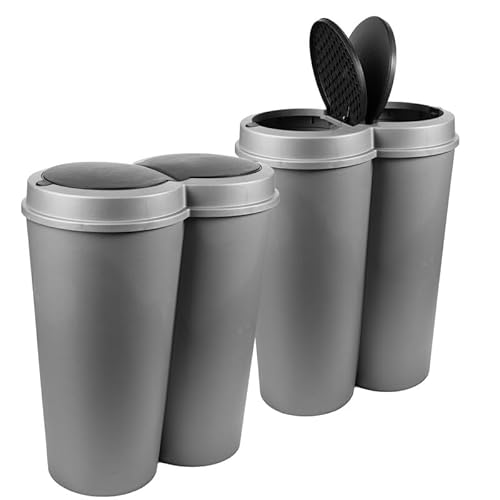 SUSTANIA Abfalleimer grau 2er 50 L mit schwarzem Schiebedeckel Ø 25cm x H 68cm – Mülleimer groß aus Kunststoff für die Küche&Büro – Müllbehälter geruchsdicht mit rundem Deckel – Made in Europe von SUSTANIA