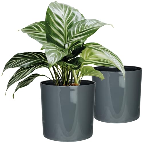 SUSTANIA Blumentopf 2er Set, Durchmesser 15cm- Moderne Runde Pflanzgefäße in Anthrazit - Übertopf für Zimmerpflanzen - Made in EU - Hochglanz Finish für Innen von SUSTANIA
