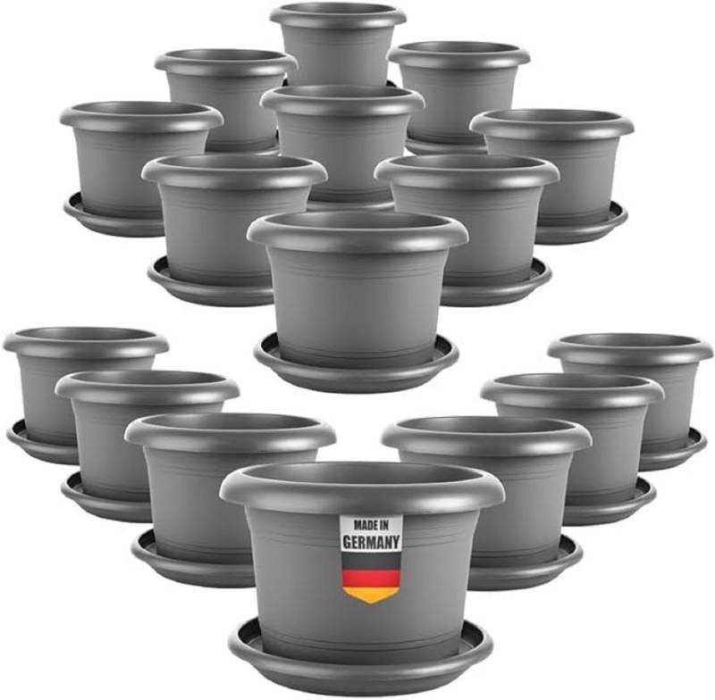 SUSTANIA Blumentopf Eleganter Pflanzkübel mit Untersetzern (16er Set 15 cm Durchmesser), Anthrazit Pflanztopf rund von SUSTANIA