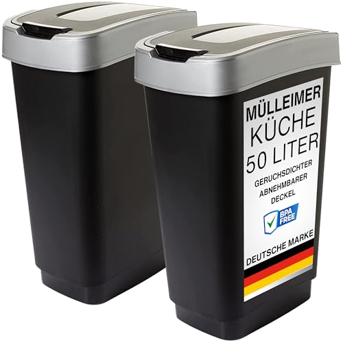 SUSTANIA Duo Mülleimer Küche 2 Fächer 50L - Geruchsdicht Doppel Abfalleimer mit Schwingdeckel, 2er Set 50 Liter, 60x45x34 cm, Robust Recycelbarer Kunststoff, Schwarz/Silber, Made in EU von SUSTANIA