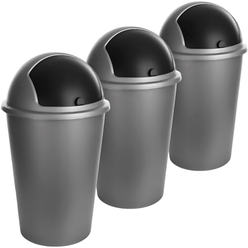 SUSTANIA Mülleimer 3er Set Schwingdeckel Modern 15L Kunststoff Hygienisch Geruchsarm Zylindrisch Platzsparend Grau-Schwarz, ideal für Bad, Küche, Büro, Wohnraum von SUSTANIA
