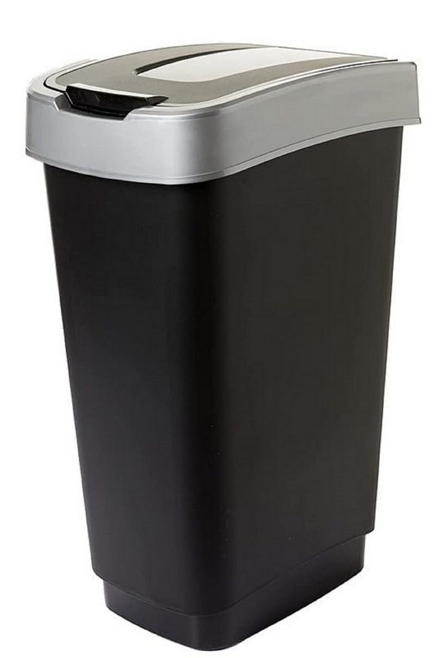 SUSTANIA Mülleimer Abfalleimer mit Schwingdeckel für die Küche 50L, Robust Recycelbarer Kunststoff, Schwarz/Silber, Made in EU von SUSTANIA