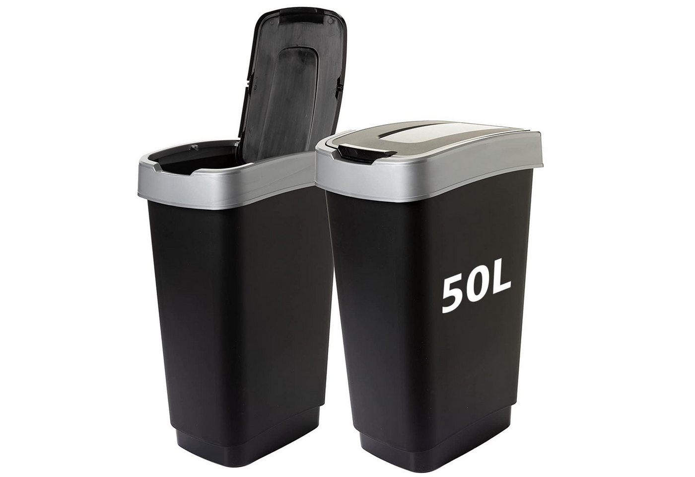 SUSTANIA Mülleimer Duo Mülleimer Küche 2x 50 L Abfalleimer mit Schwingdeckel, Robust Recycelbarer Kunststoff, Schwarz/Silber von SUSTANIA