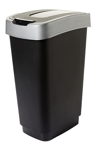 SUSTANIA Mülleimer Küche 50L - Geruchsdicht Abfalleimer mit Schwingdeckel 50 Liter Groß, 60x45x34 cm, Robust Recycelbarer Kunststoff, Schwarz/Silber, Made in EU von SUSTANIA