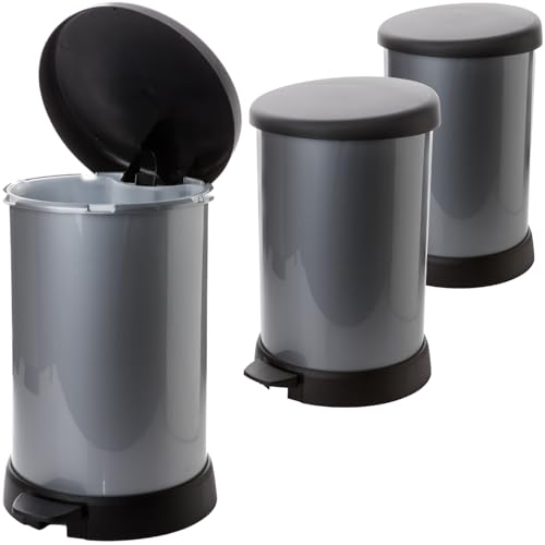 SUSTANIA Mülleimer mit Pedal 20L - Abfalleimer Küche mit herausnehmbarem Einsatz, rund grau-schwarz, 3er Set, Made in EU von SUSTANIA