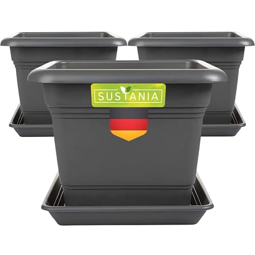 SUSTANIA Pflanzkübel Eckig 28x28 Anthrazit 3er Set - Robuster Blumentopf Groß, Übertopf Ideal für Tomatenpflanzen, Eckige Pflanztöpfe Kunststoff für Garten & Balkon von SUSTANIA