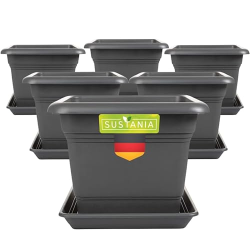 SUSTANIA Pflanzkübel Eckig 28x28 Anthrazit 6er Set - Robuster Blumentopf Groß, Übertopf Ideal für Tomatenpflanzen, Eckige Pflanztöpfe Kunststoff für Garten & Balkon von SUSTANIA