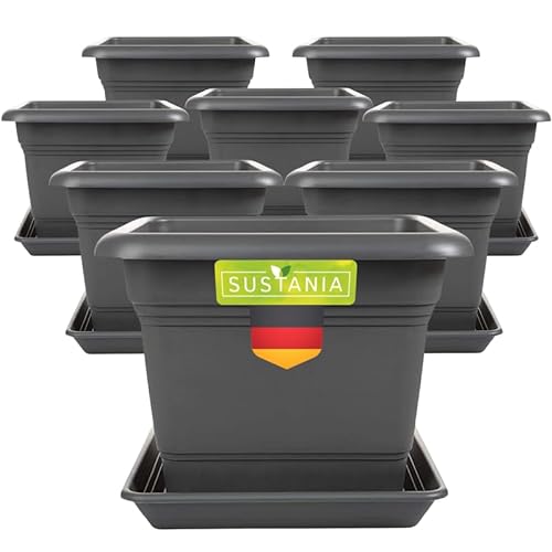 SUSTANIA Pflanzkübel Eckig 28x28 Anthrazit 8er Set - Robuster Blumentopf Groß, Übertopf Ideal für Tomatenpflanzen, Eckige Pflanztöpfe Kunststoff für Garten & Balkon von SUSTANIA