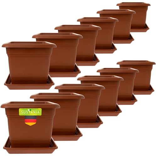 SUSTANIA Pflanzkübel Eckig 28x28 Terracotta 12er Set - Robuster Blumentopf Groß, Übertopf Ideal für Tomatenpflanzen, Eckige Pflanztöpfe Kunststoff für Garten & Balkon von SUSTANIA