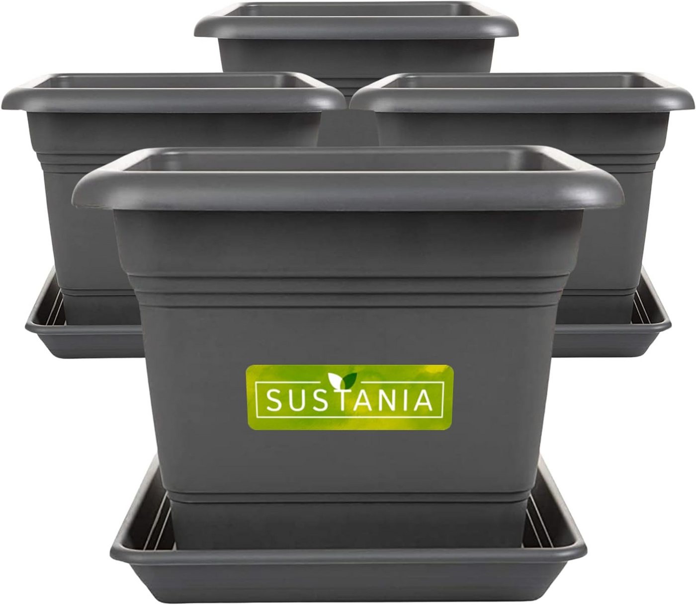 SUSTANIA Pflanzkübel Pflanzkübel 48x48 für Außen 4er Set inkl. Untersetzer, Idealer Übertopf für Garten-Terrasse in Anthrazit von SUSTANIA