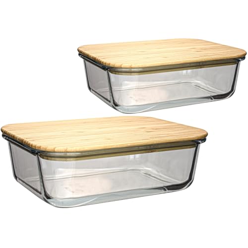 SUSTANIA Vorratsbehälter Glas Set 2-teilig 1500ml mit Holzdeckel - Rechteckige Aufbewahrungsboxen 22x16,5x7,2cm für Küche und Meal Prep von SUSTANIA